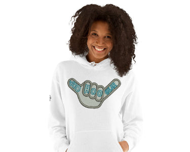 Person wearing a white hoodie with 'Woo Hoo Gear' text design on a white background
